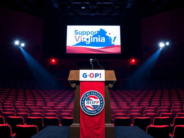 Flick International Empty auditorium setting with a podium and Republican Party flag for a tele-rally