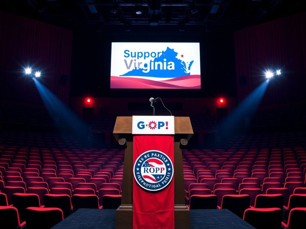 Flick International Empty auditorium setting with a podium and Republican Party flag for a tele-rally