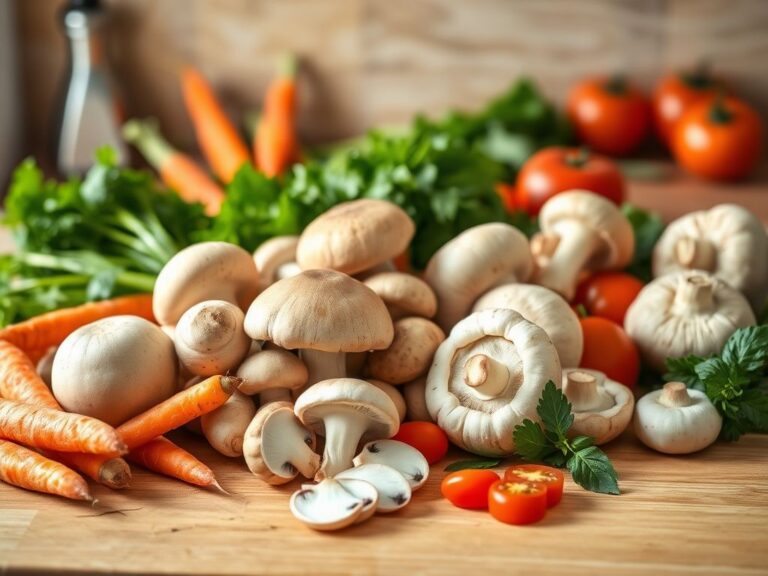 Flick International Fresh mushrooms and seasonal vegetables on a kitchen countertop