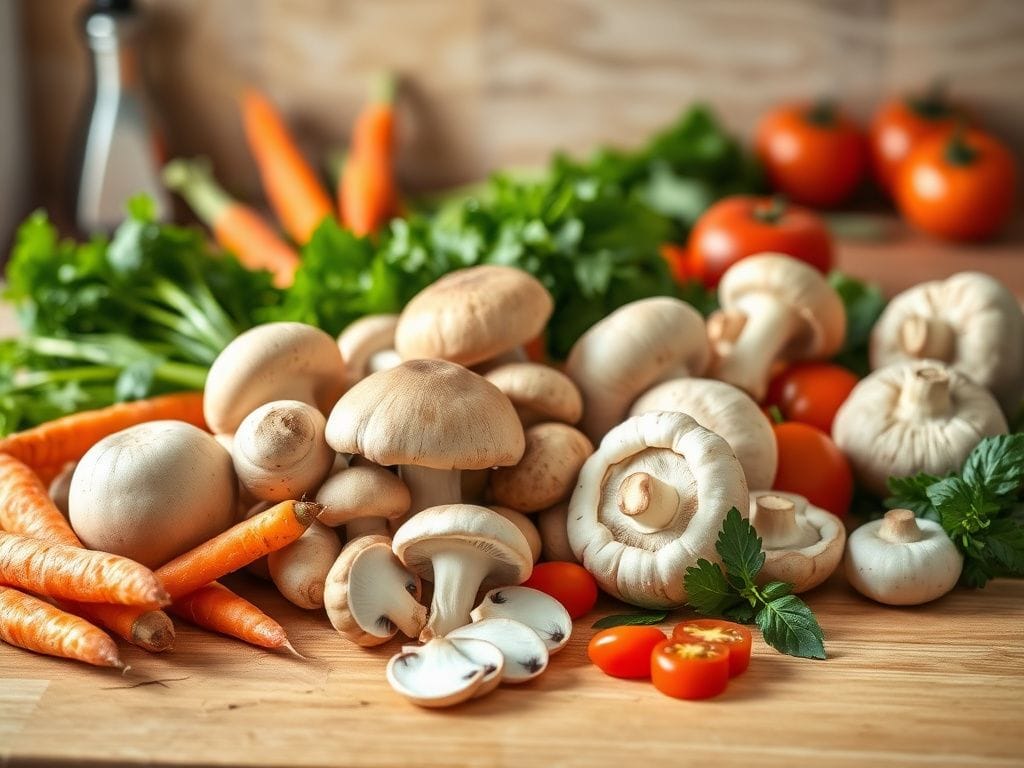 Flick International Fresh mushrooms and seasonal vegetables on a kitchen countertop
