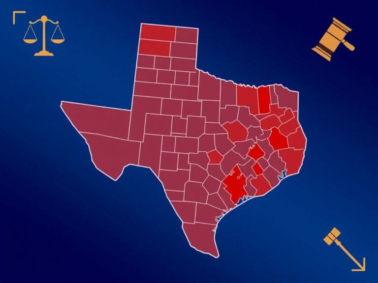 Flick International Stylized map of Texas illustrating congressional districts with bold lines and Republican dominance in red and orange.