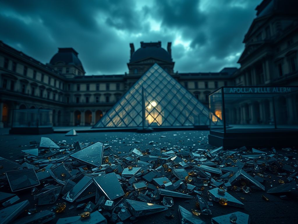 Flick International Exterior view of the Louvre Museum with shattered display cases and an overcast sky