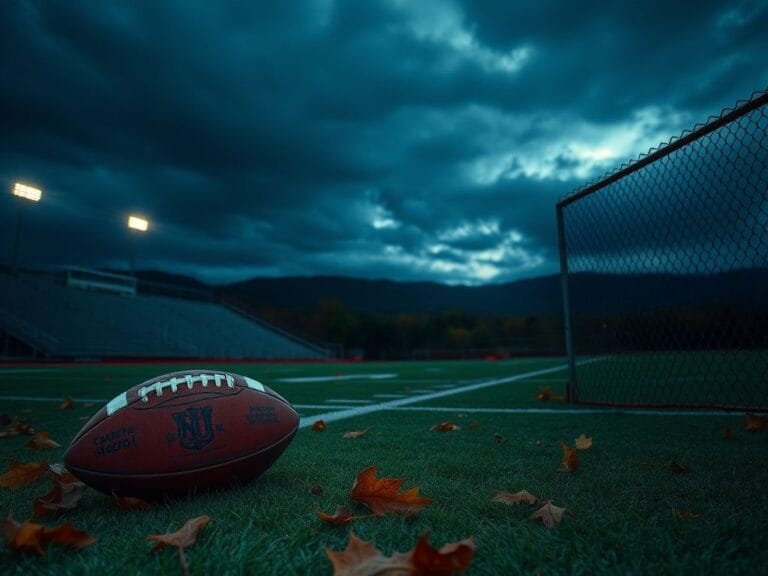 Flick International A desolate high school football field at dusk with faint stadium lights and a football on the sideline