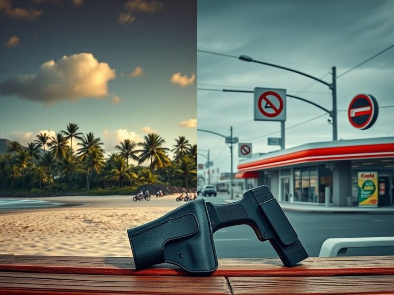 Flick International A split scene contrasting a serene Hawaiian beach with a busy urban street showing no firearms signs