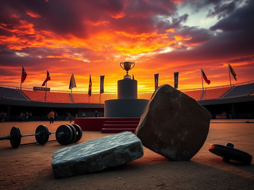 Flick International Outdoor arena setting for the strongwoman competition with Atlas stone and sunset