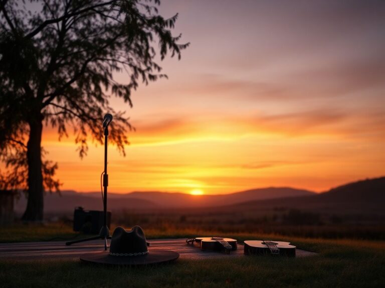 Flick International Sunset over a country music festival stage with guitars and a cowboy hat