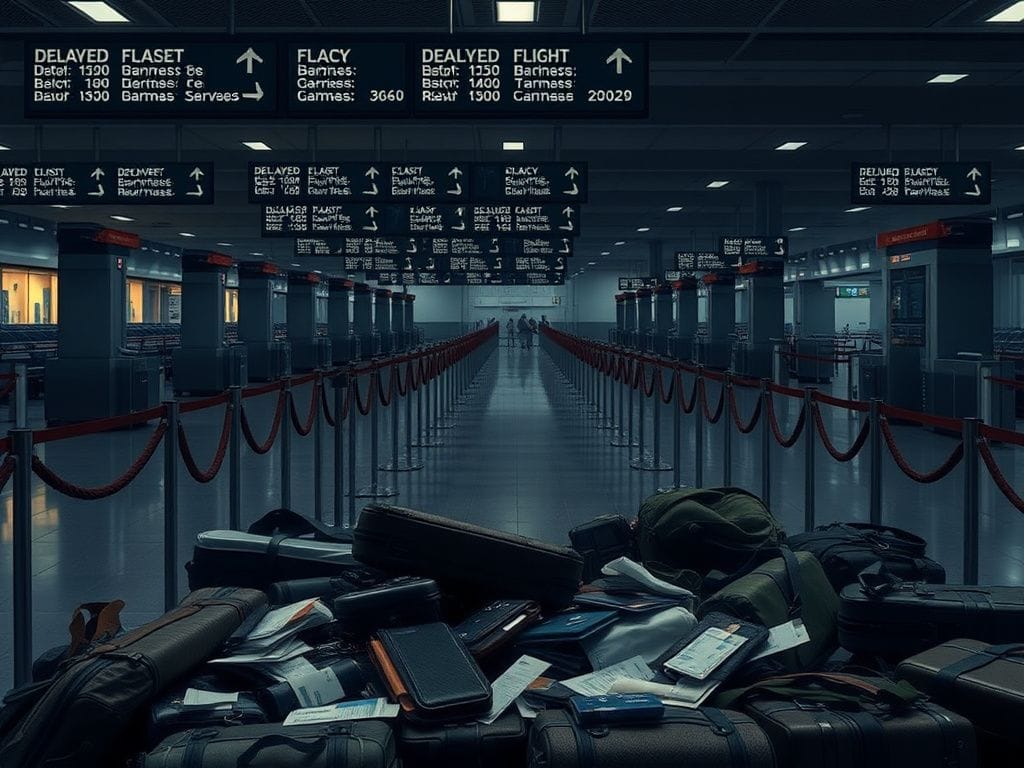 Flick International Busy airport terminal with empty security checkpoints and long, unoccupied lines