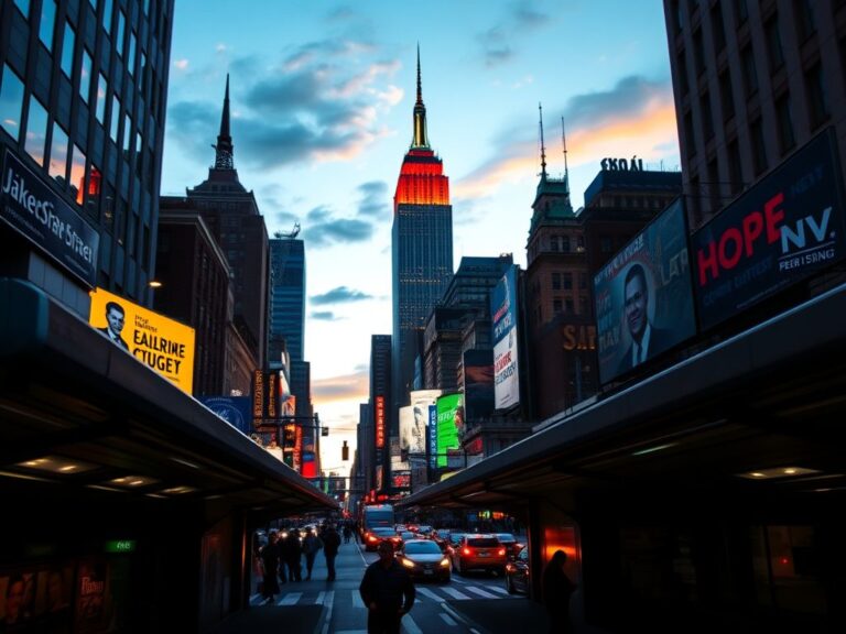 Flick International Dynamic cityscape of New York City at dusk with iconic skyline and bustling streets.