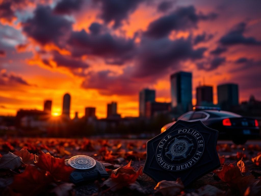 Flick International A dramatic urban skyline of Nashville at dusk with a police badge on the ground