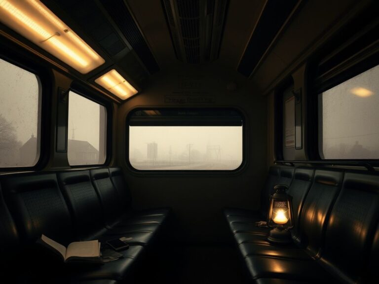 Flick International Somber interior of a dimly lit Chicago train showing empty seats and personal belongings