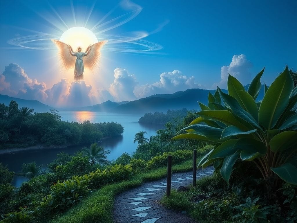 Flick International A serene sunset landscape in Tijuana with lush greenery and a tranquil river, symbolizing healing and transformation.