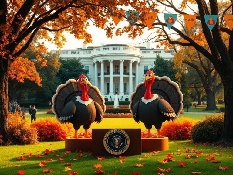 Flick International Cartoonish turkeys named Waddle and Gobble on a podium in front of the White House