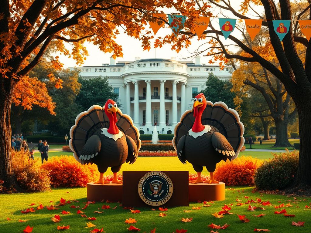 Flick International Cartoonish turkeys named Waddle and Gobble on a podium in front of the White House