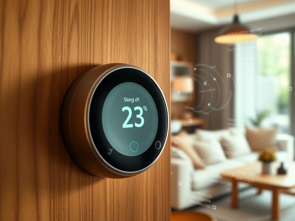 Flick International Close-up of a vintage Google Nest Learning Thermostat displaying an outdated interface against a cozy living room background