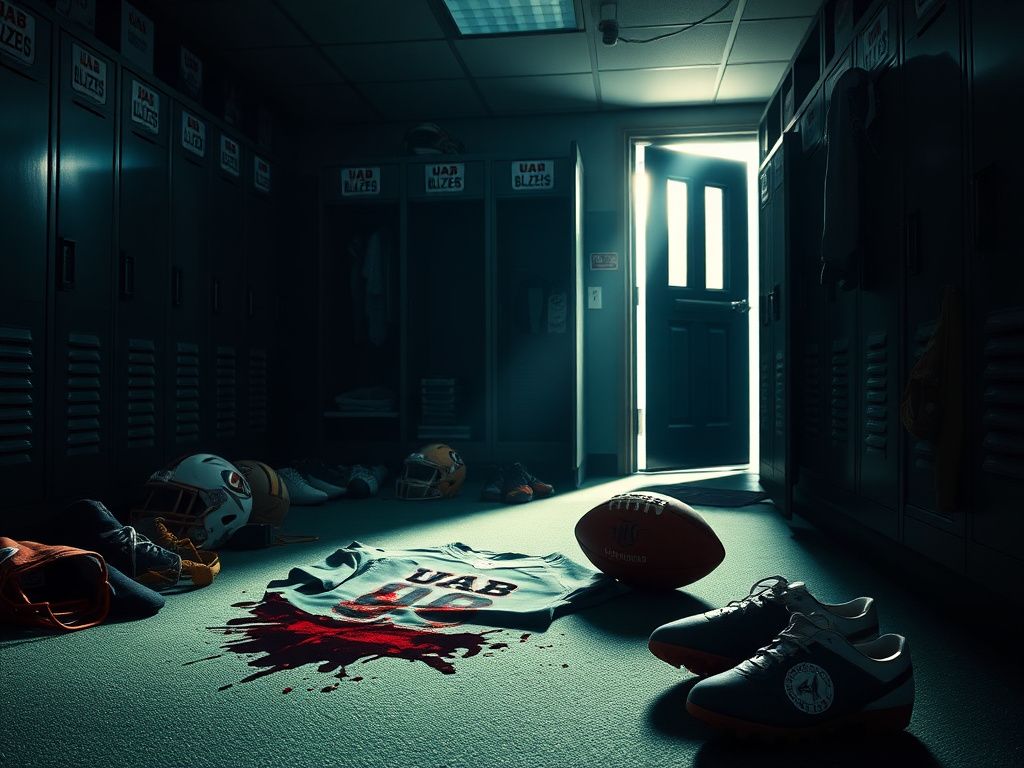 Flick International Football locker room scene depicting a blood-stained jersey and scattered gear after a violent incident.