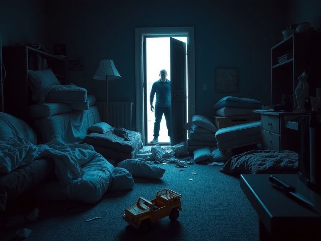 Flick International chaotic bedroom scene during a hostage situation with overturned furniture and child's toy