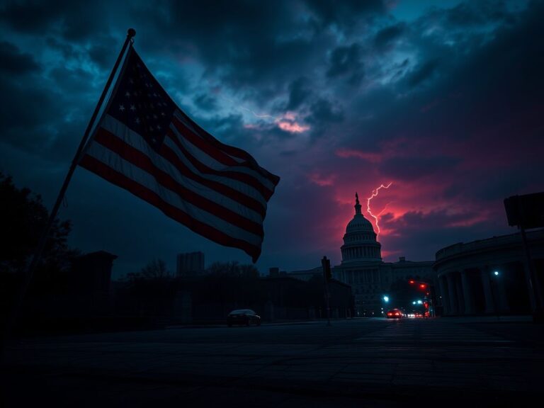 Flick International Darkened cityscape at dusk with a weathered American flag, representing political discord and immigration tension