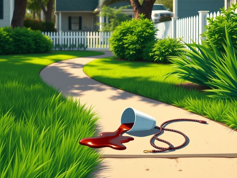 Flick International Suburban sidewalk scene in Florida with a spilled coffee cup and abandoned dog leash