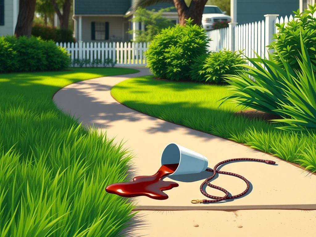 Flick International Suburban sidewalk scene in Florida with a spilled coffee cup and abandoned dog leash