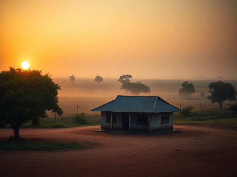 Flick International Serene Nigerian school compound with a weathered building surrounded by lush trees at dawn