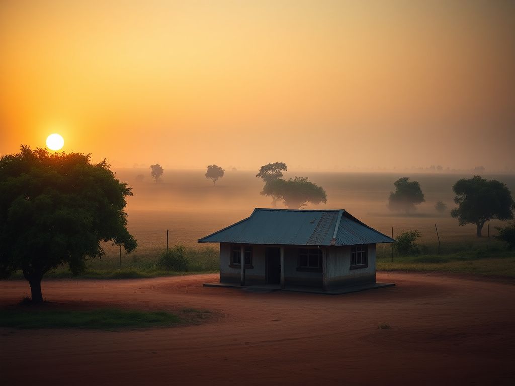 Flick International Serene Nigerian school compound with a weathered building surrounded by lush trees at dawn
