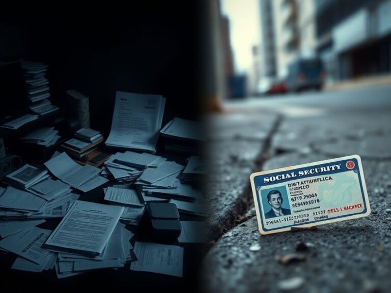 Flick International Dramatic split-scene image contrasting the turmoil of a Minnesota man with identity theft and discarded illegal immigrant IDs.