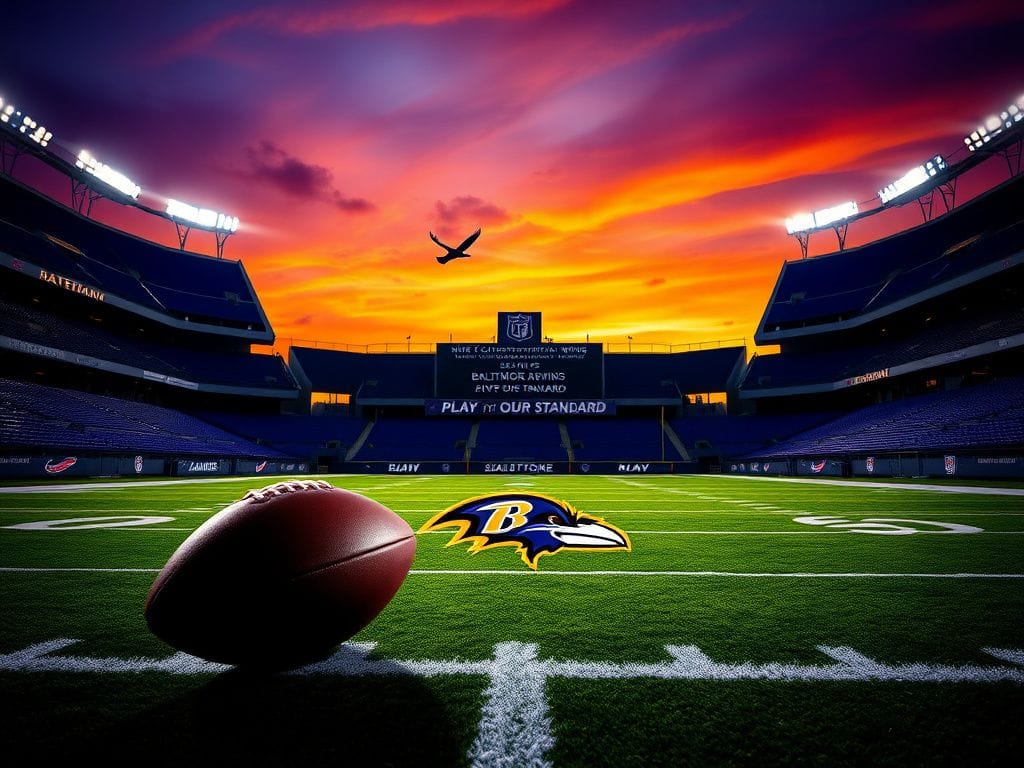 Flick International Dramatic night scene of Baltimore Ravens stadium illuminated with floodlights and empty stands
