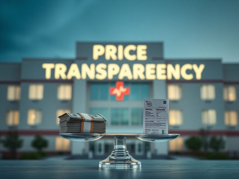 Flick International Hospital building with illuminated 'PRICE TRANSPARENCY' sign, symbolizing healthcare cost issues