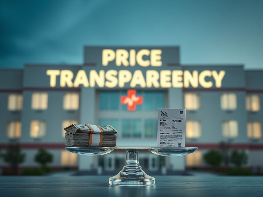Flick International Hospital building with illuminated 'PRICE TRANSPARENCY' sign, symbolizing healthcare cost issues