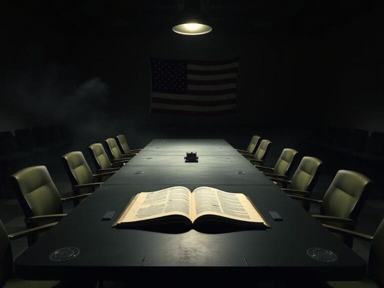 Flick International Dramatic scene of an empty military command center with a large table and an open military manual