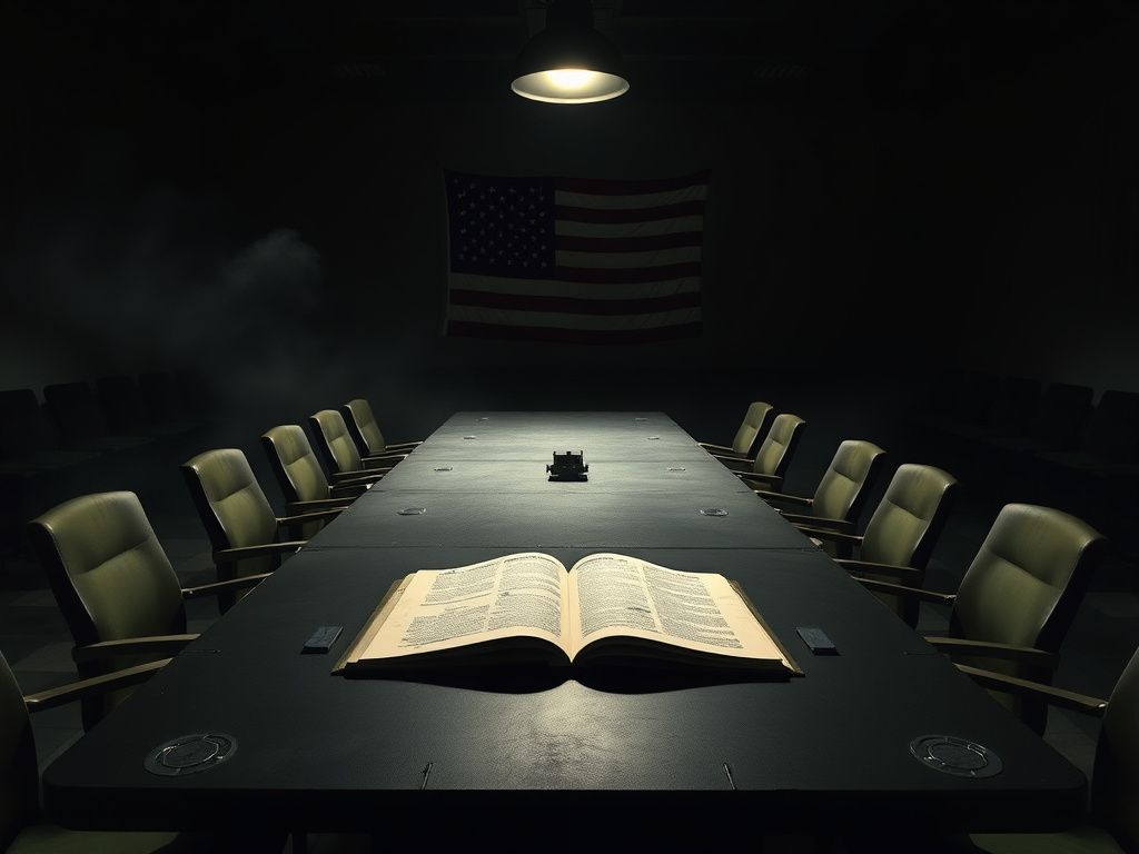 Flick International Dramatic scene of an empty military command center with a large table and an open military manual