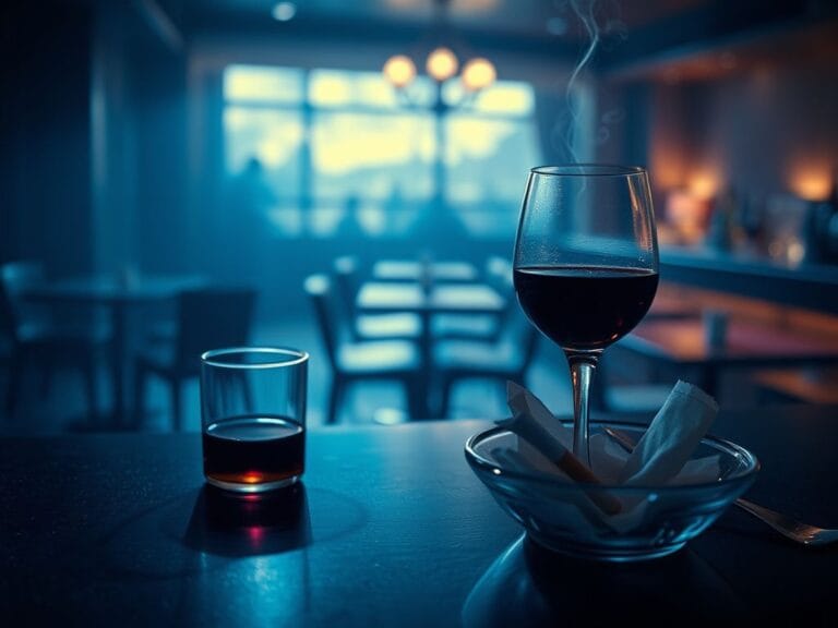 Flick International Dimly lit hotel bar scene with an abandoned glass of red wine