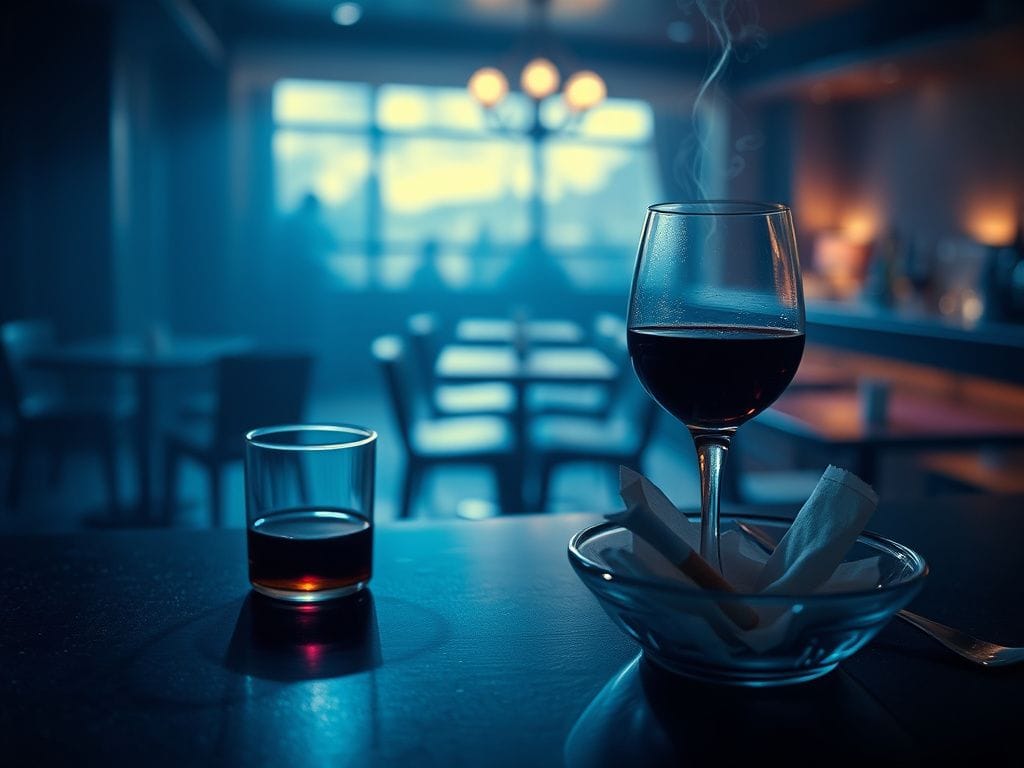 Flick International Dimly lit hotel bar scene with an abandoned glass of red wine