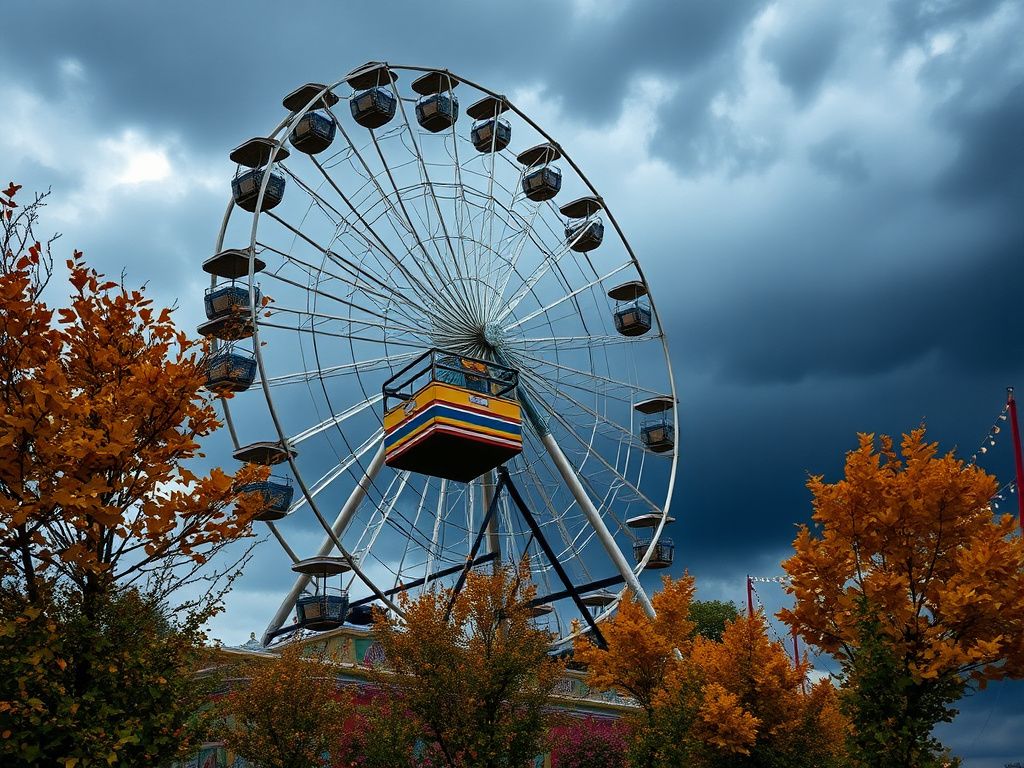 Flick International Ferris wheel with colorful cars, partially obscured by storm clouds, illustrating the dangerous malfunction during a harvest festival.