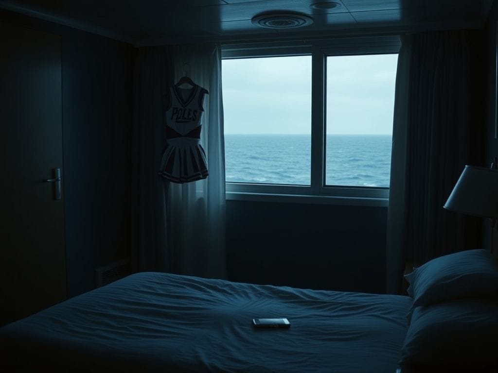 Flick International Empty cruise ship cabin with a cheerleader's uniform hanging on the door and an ocean view outside