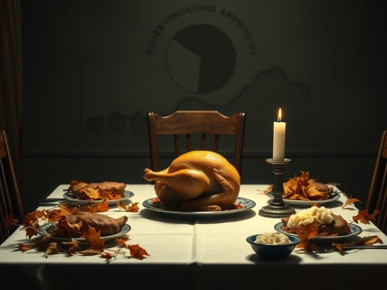 Flick International A somber Thanksgiving dinner table set against a dimly lit background, featuring a modest turkey and sparse traditional dishes.