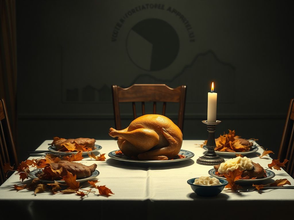 Flick International A somber Thanksgiving dinner table set against a dimly lit background, featuring a modest turkey and sparse traditional dishes.