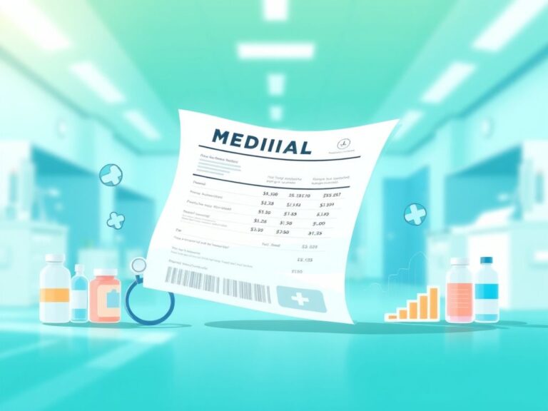 Flick International Conceptual illustration depicting a large, transparent medical bill in a hospital setting, symbolizing healthcare transparency.