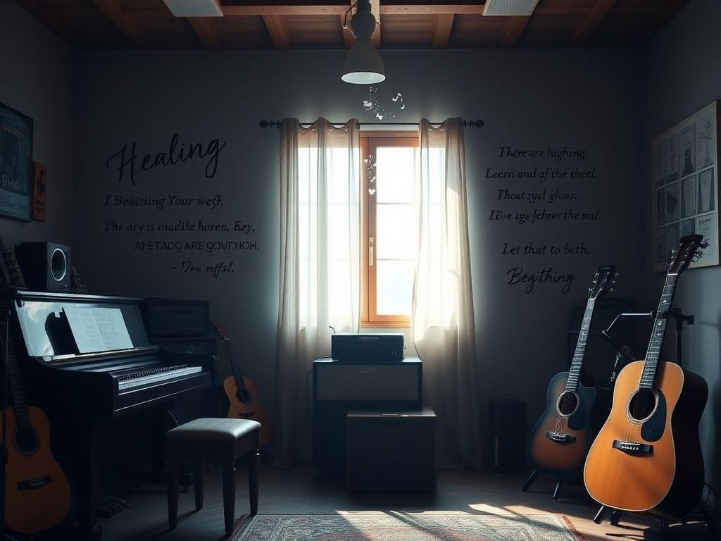 Flick International A serene music studio with a grand piano and acoustic guitar, symbolizing Ariana Grande's artistic journey.