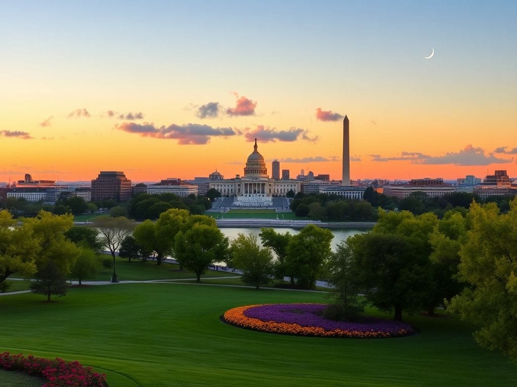 Flick International Panoramic view of the Washington, D.C. skyline at dusk featuring the U.S. Capitol and Washington Monument