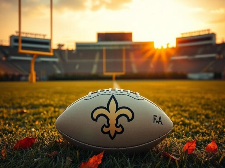 Flick International Close-up of an NFL football on a grass field near the New Orleans Saints end zone during sunset