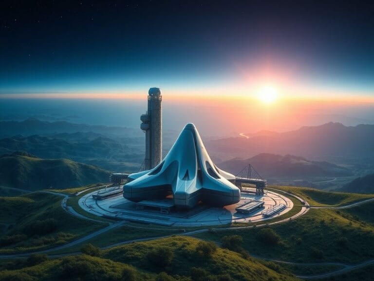 Flick International Advanced spacecraft poised for launch in a futuristic landscape