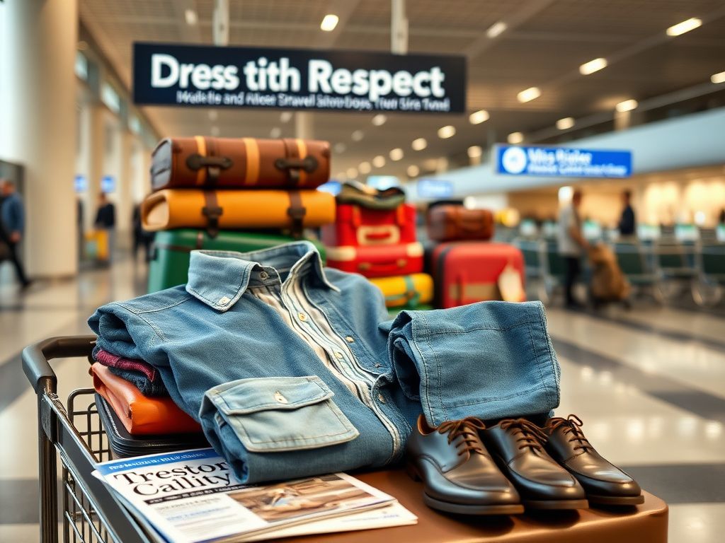 Flick International Stylish travel outfit displayed on a luggage cart in a bustling airport terminal