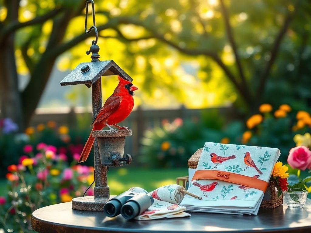 Flick International A vibrant red cardinal perched on a rustic bird feeder surrounded by colorful flowers in a serene backyard setting.