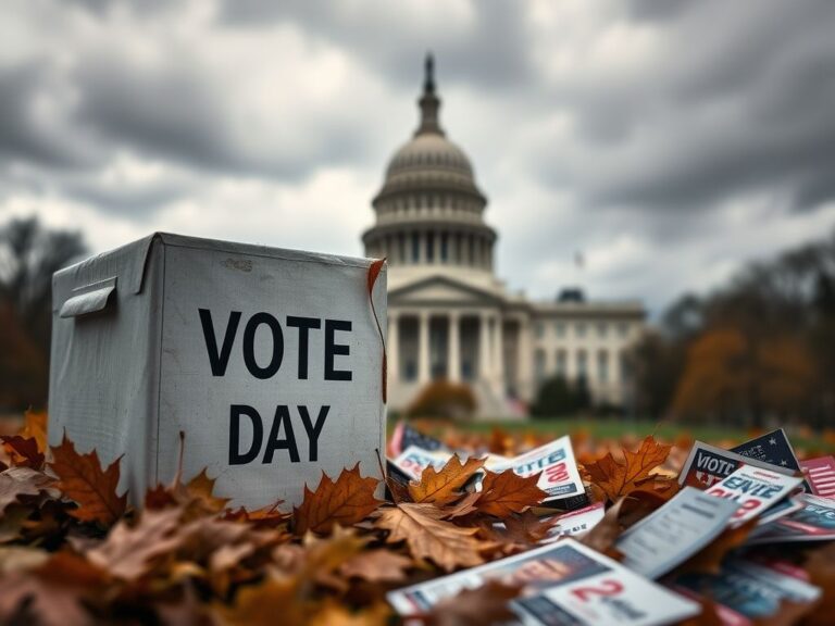 Flick International Close-up view of a weathered voting ballot box surrounded by fallen autumn leaves