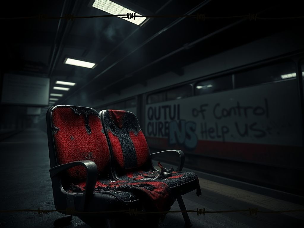 Flick International Urban train station scene depicting a burnt-out train seat symbolizing violence and danger