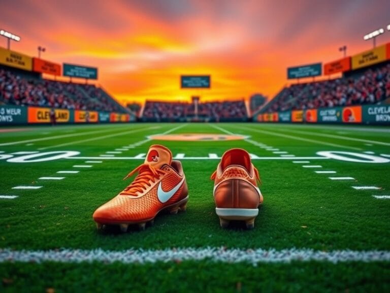 Flick International A pair of bright gold and brown football cleats on a Cleveland Browns field with freshly painted lines and uplifting banners in the background