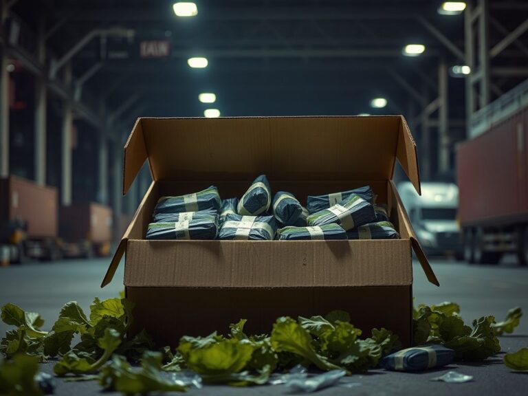 Flick International Close-up of an industrial shipping area at the Pharr International Bridge with suspicious packages concealed in salad greens.