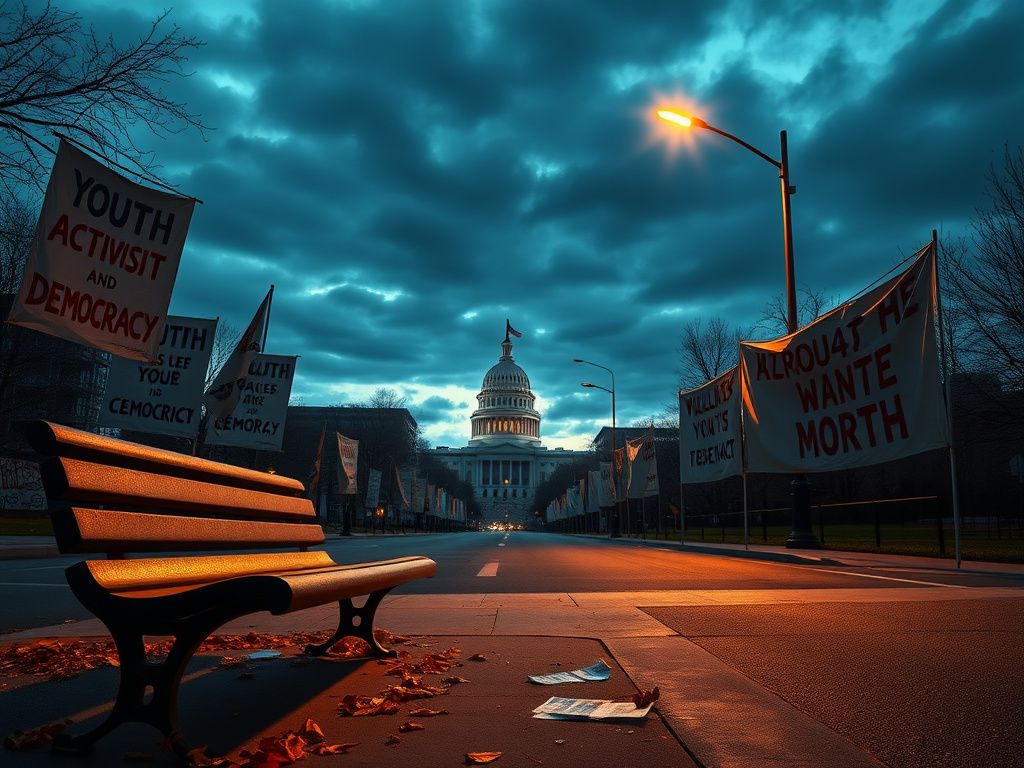 Flick International Empty protest signs and a desolate street reflect the absence of youth participation in political activism