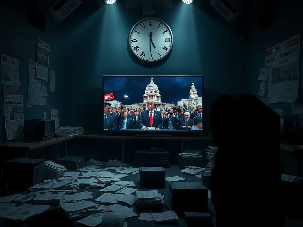 Flick International Dimly lit newsroom with scattered documents and old broadcast equipment depicting the Trump documentary controversy